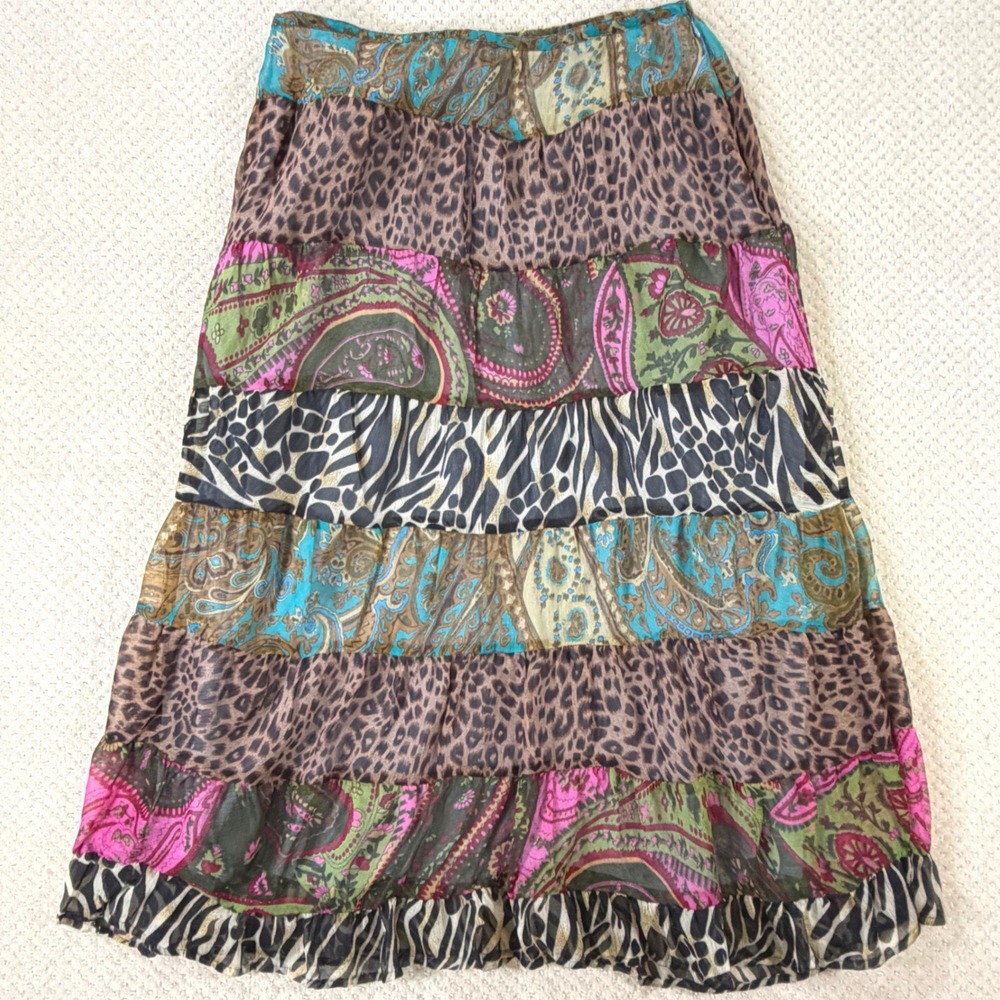 Y2K Fairy Peasant Skirt VTG Womens LG Petite Tiered Zebra Leopard Paisley Gypsy